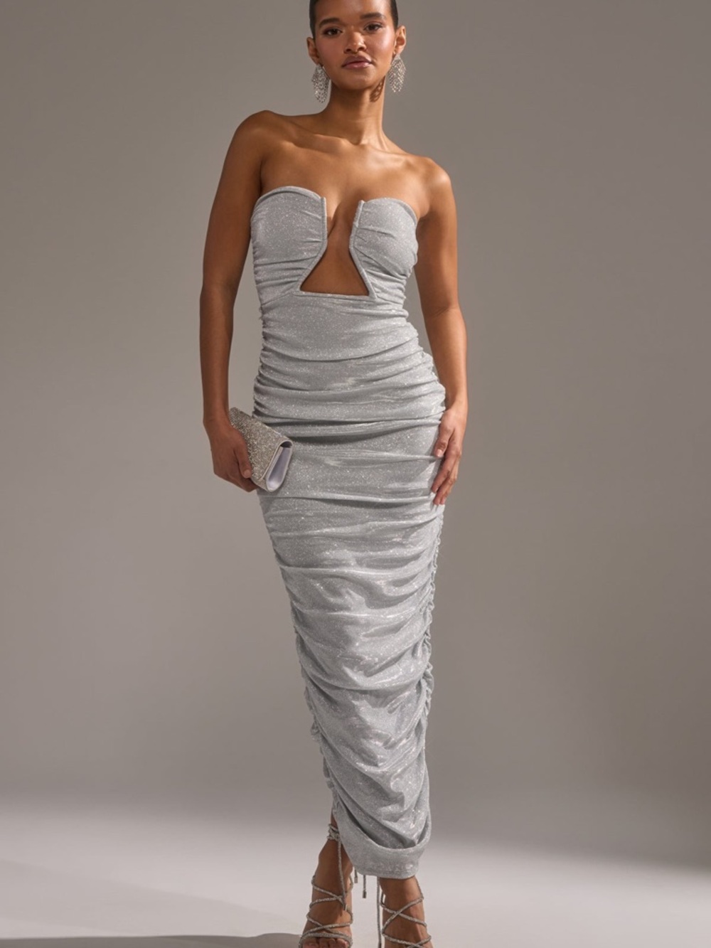 AKIRA Silver Strapless Ruched Midi Dress with Sweetheart Cutout